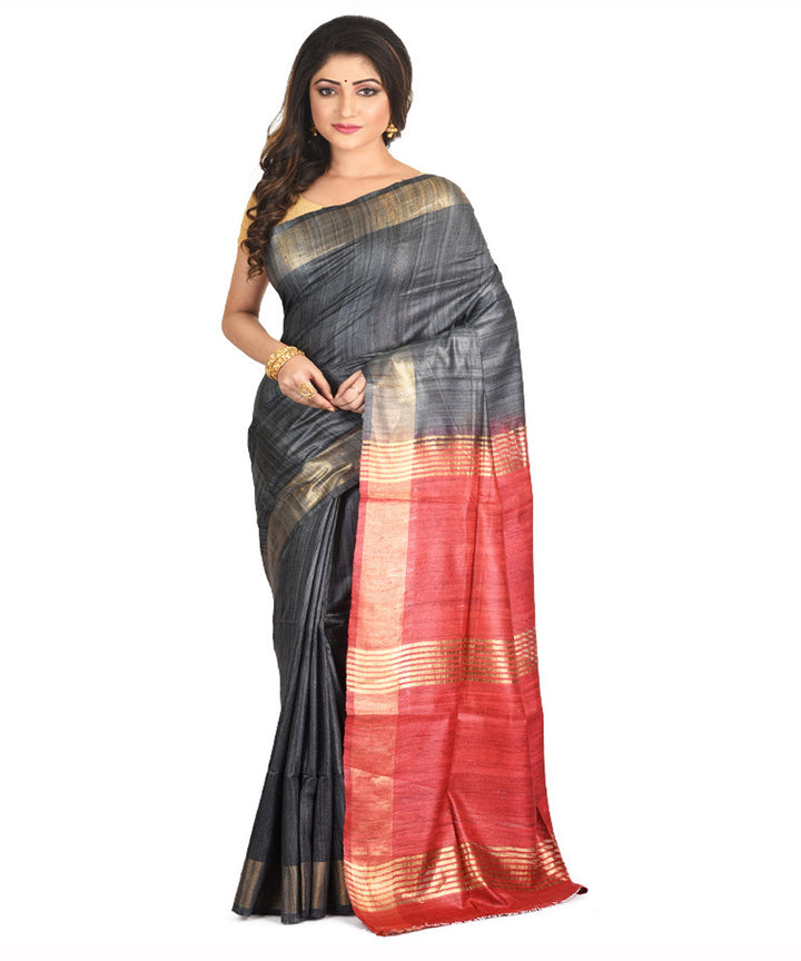 Black red handwoven tussar silk sari