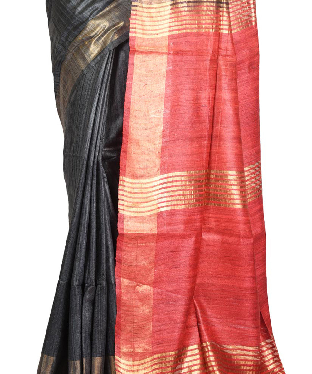 Black red handwoven tussar silk sari