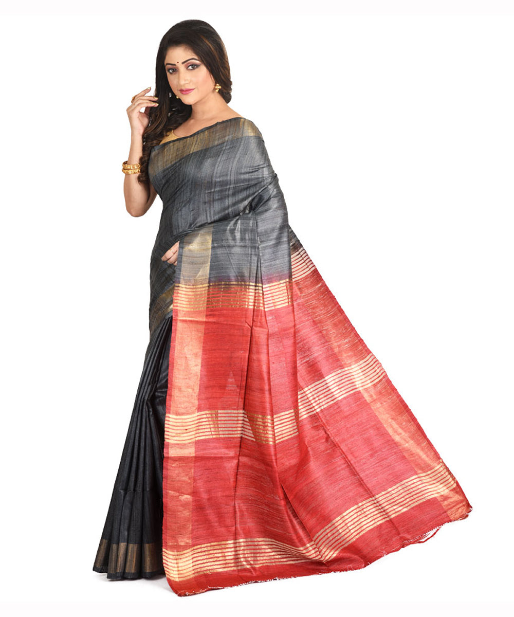 Black red handwoven tussar silk sari