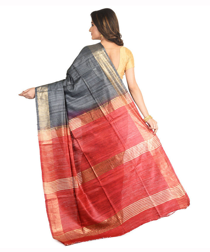 Black red handwoven tussar silk sari