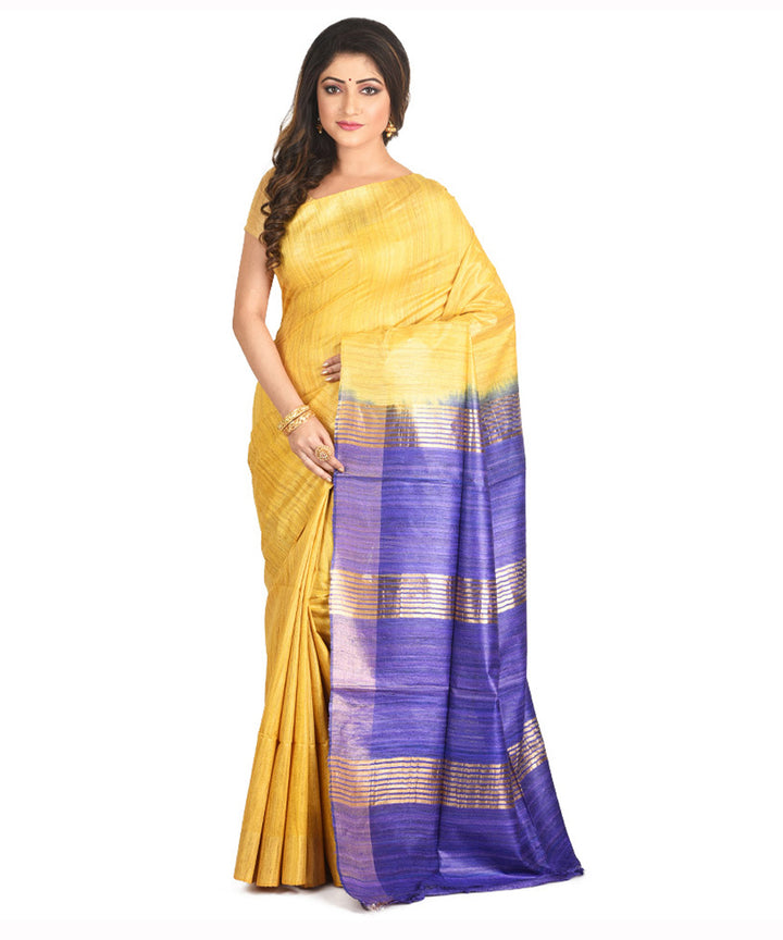 Mustard navy handwoven tussar silk sari