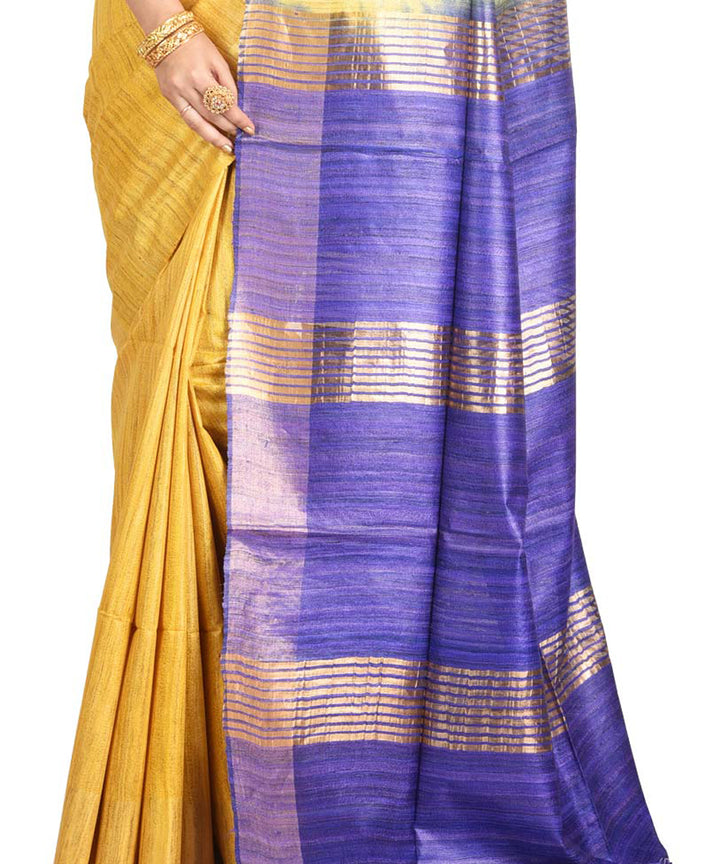 Mustard navy handwoven tussar silk sari