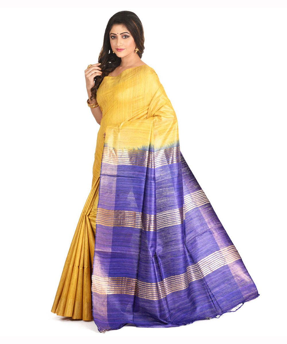 Mustard navy handwoven tussar silk sari