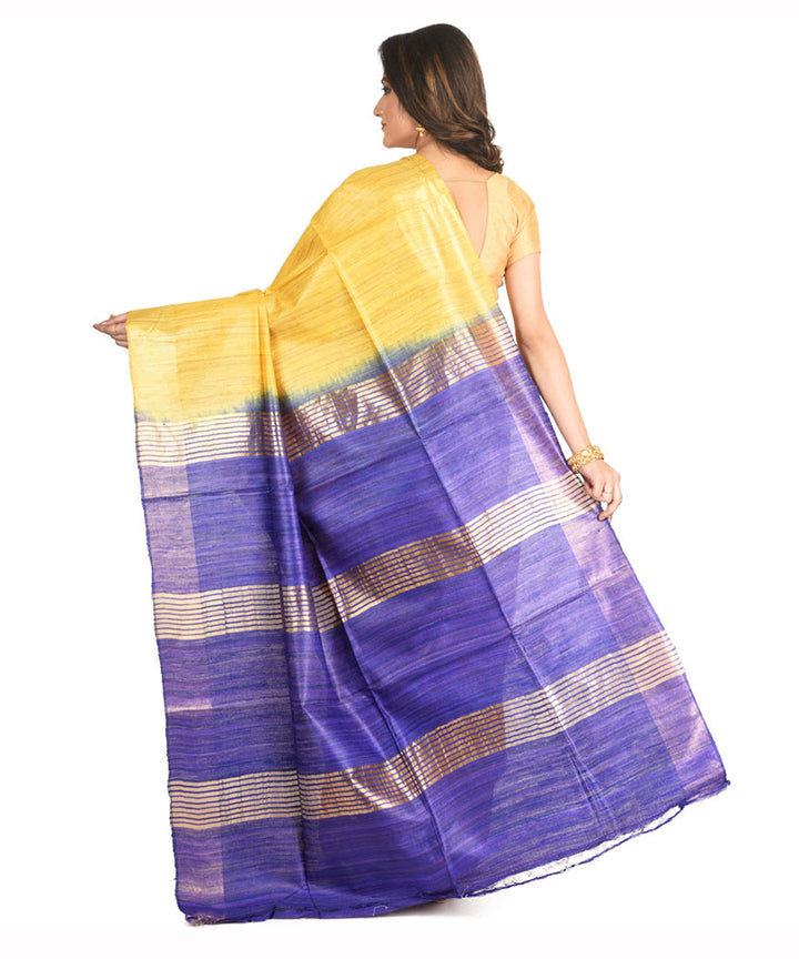 Mustard navy handwoven tussar silk sari
