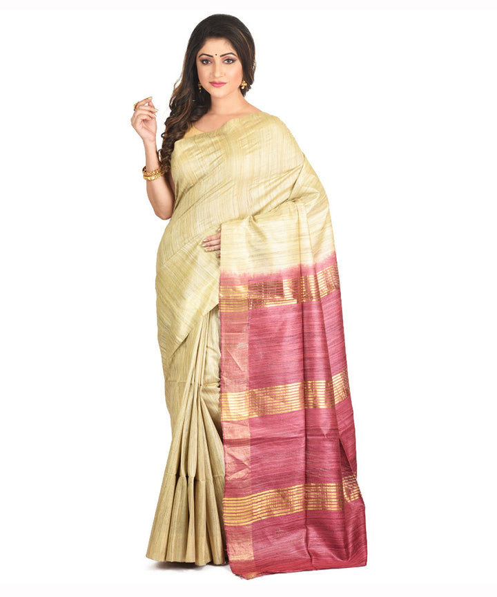 Beige cherry red handwoven tussar silk sari