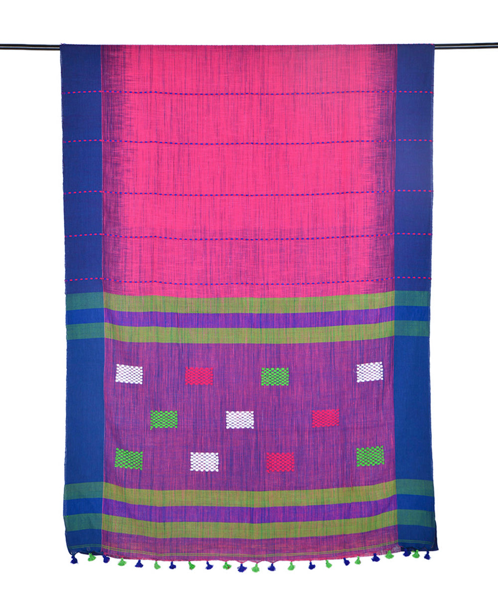 Pink blue hand embroidery kantha stitch cotton saree
