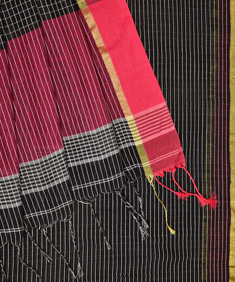 Black red hand embroidery kantha stitch cotton saree