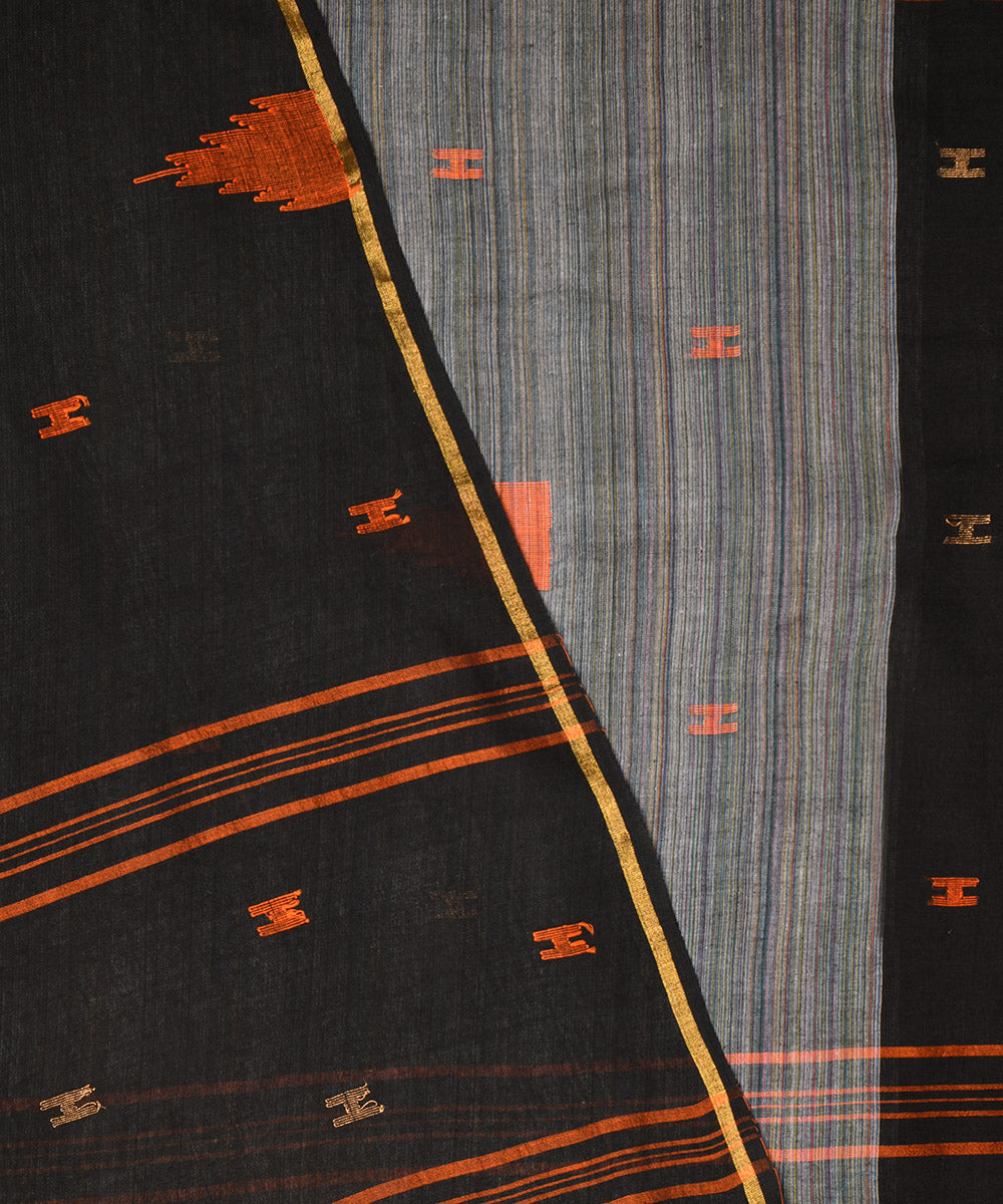 Black grey hand embroidery kantha stitch cotton sari