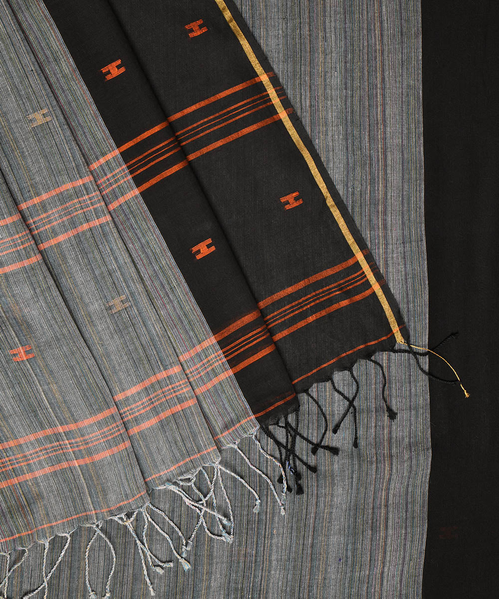 Black grey hand embroidery kantha stitch cotton sari