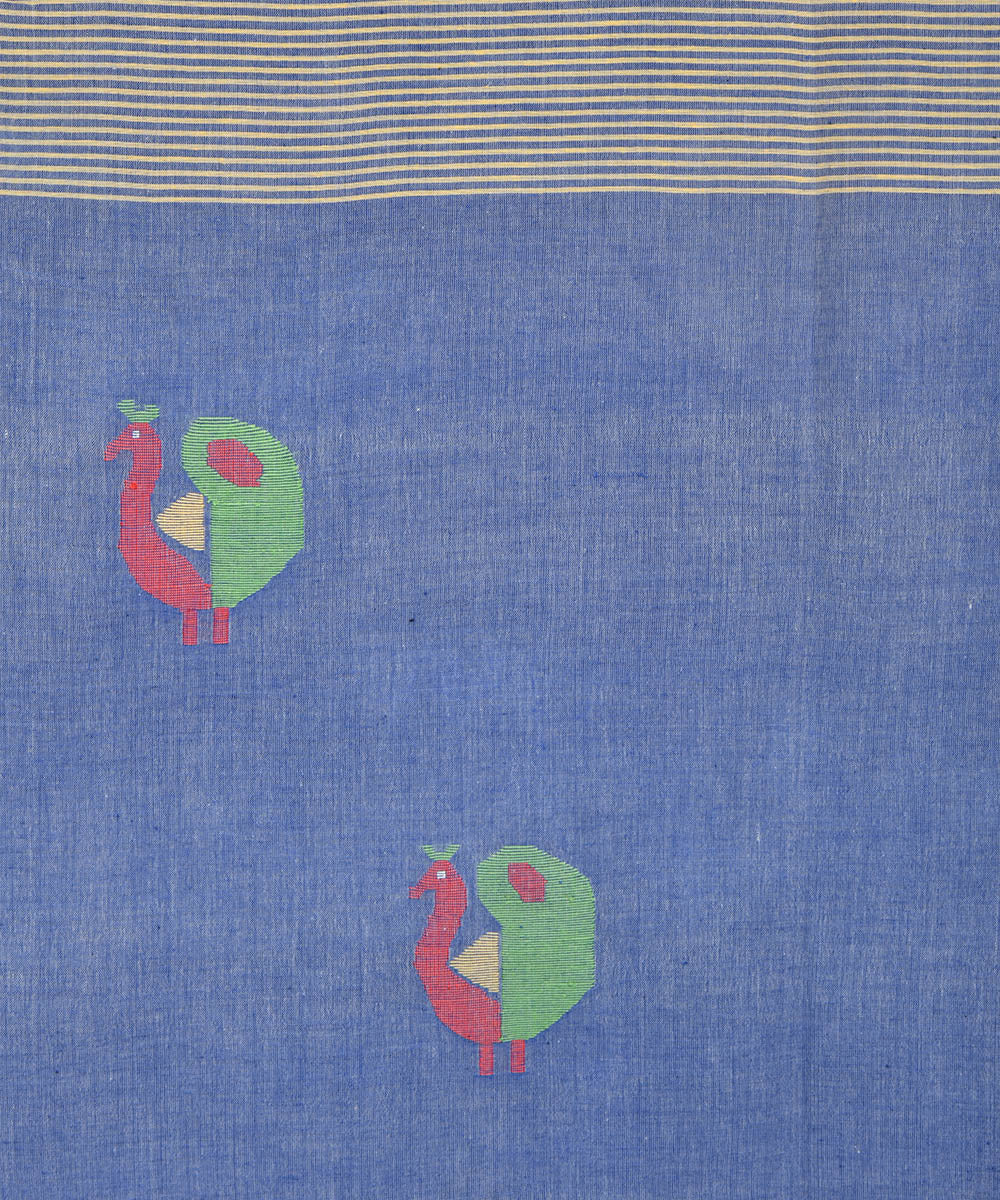 Cyan blue hand embroidery kantha stitch cotton sari