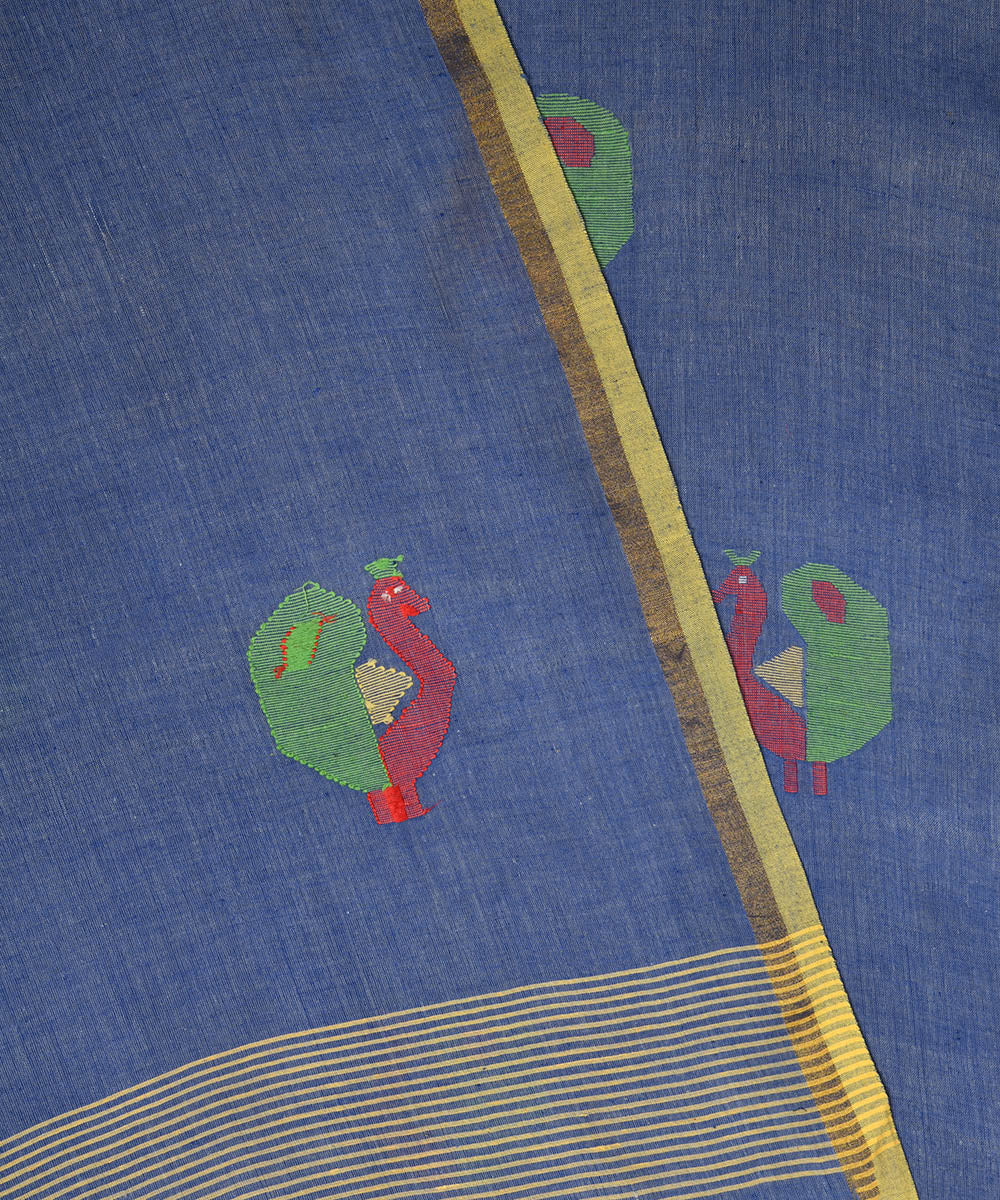 Cyan blue hand embroidery kantha stitch cotton sari