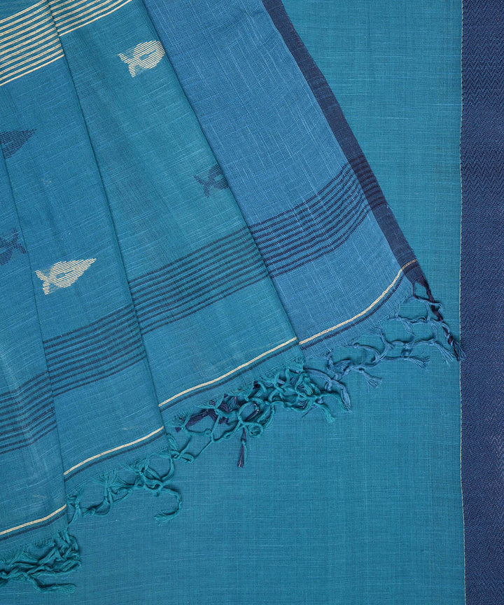 Cyan blue black hand embroidery kantha stitch cotton saree