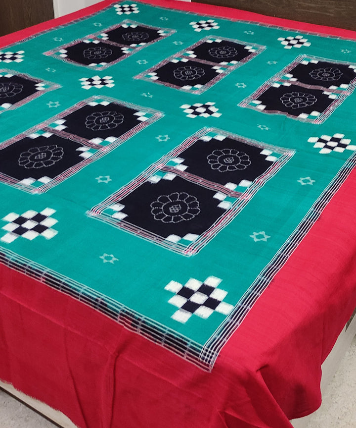 Cyan green red handwoven cotton sambalpuri double bedsheet