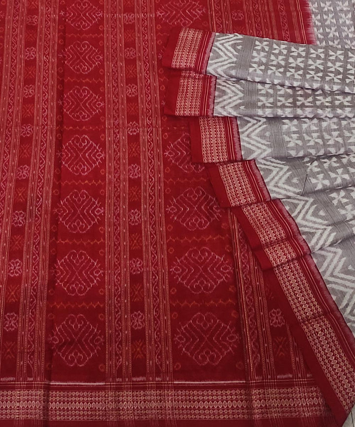 Grey red handwoven cotton sambalpuri saree