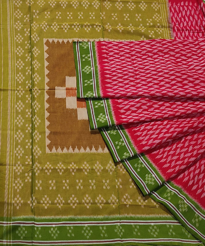 Red olive green handwoven cotton sambalpuri saree