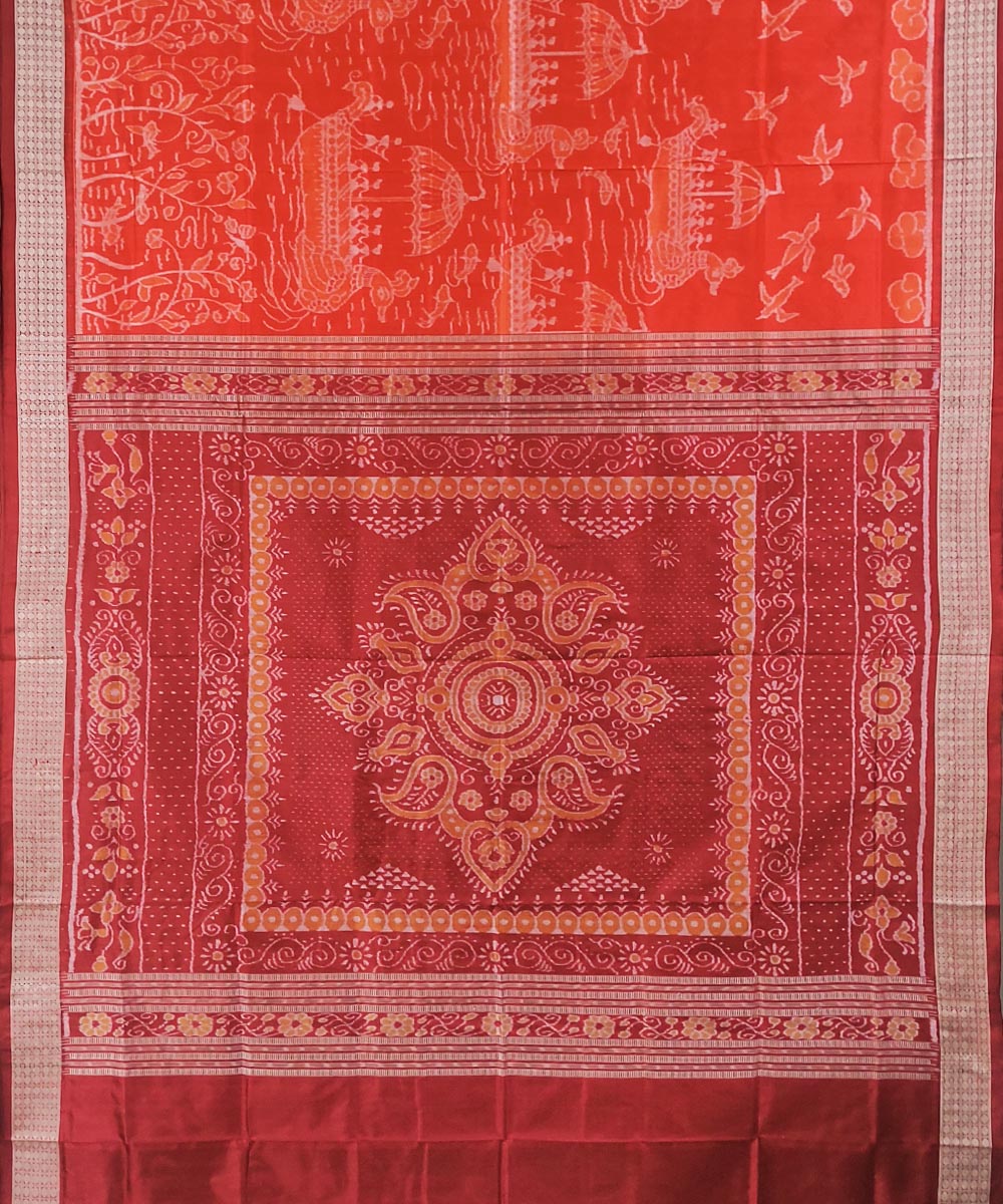 Orange maroon handwoven silk sambalpuri saree