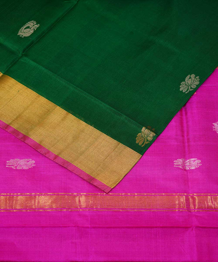 Dark green pink handwoven uppada silk saree