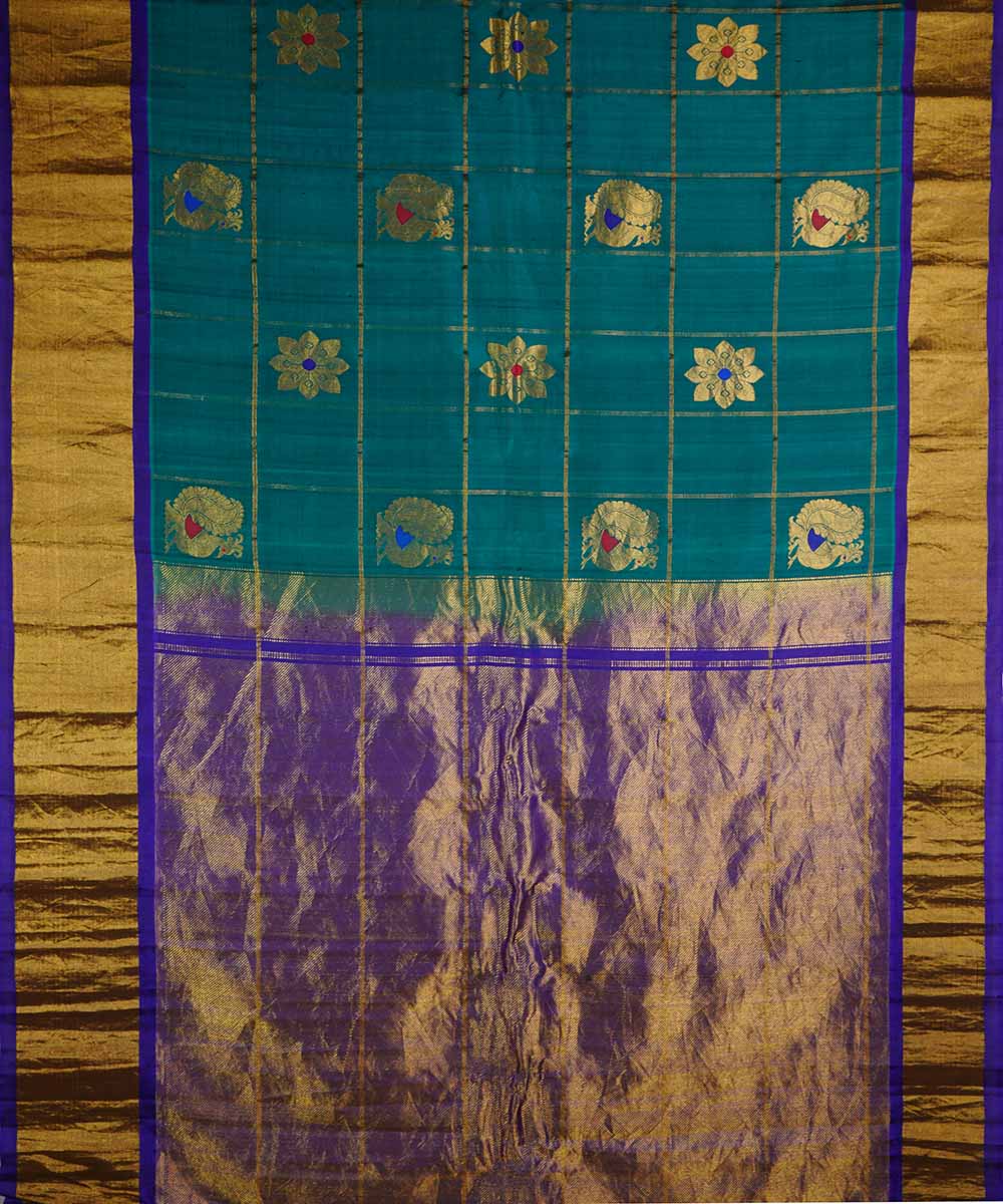 Cyan green handwoven gadwal silk saree