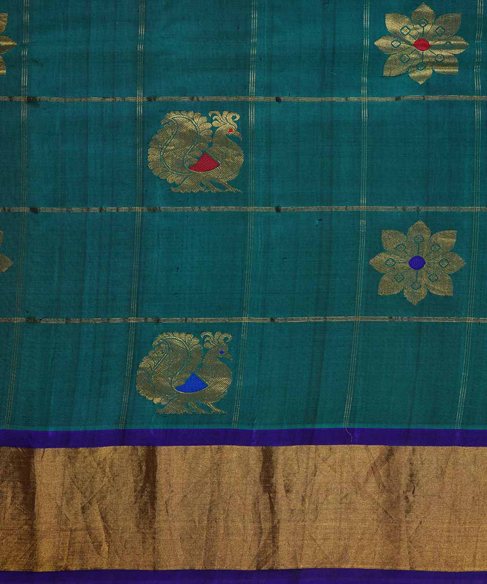 Cyan green handwoven gadwal silk saree