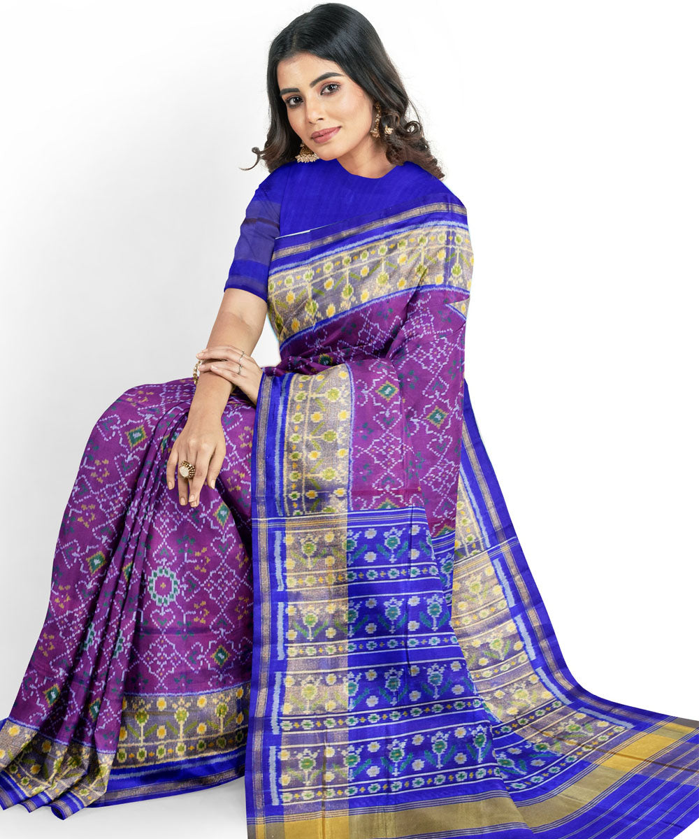 Purple blue handwoven patola silk saree