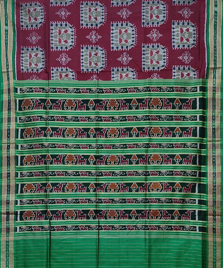 Maroon dark green hand woven khandua silk saree