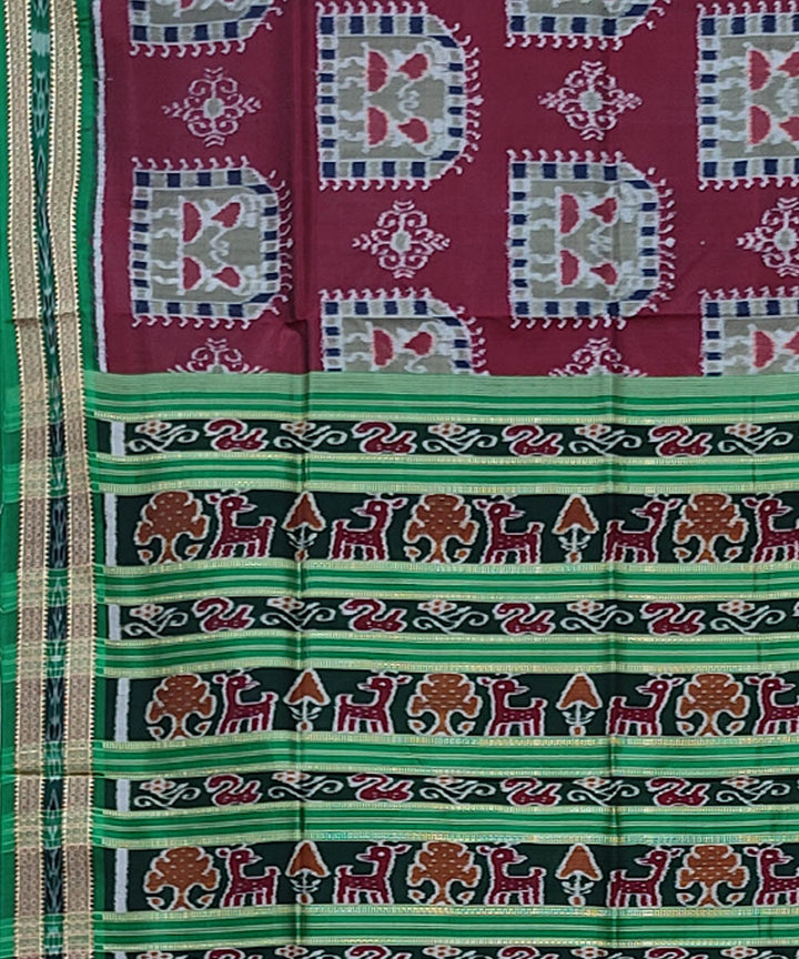Maroon dark green hand woven khandua silk saree