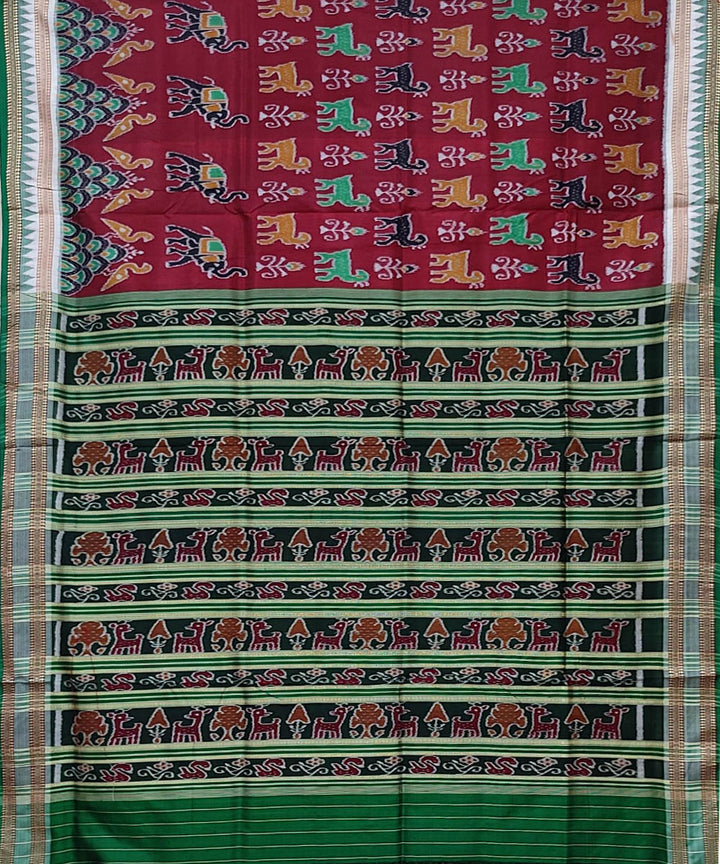 Maroon dark green handwoven khandua silk saree