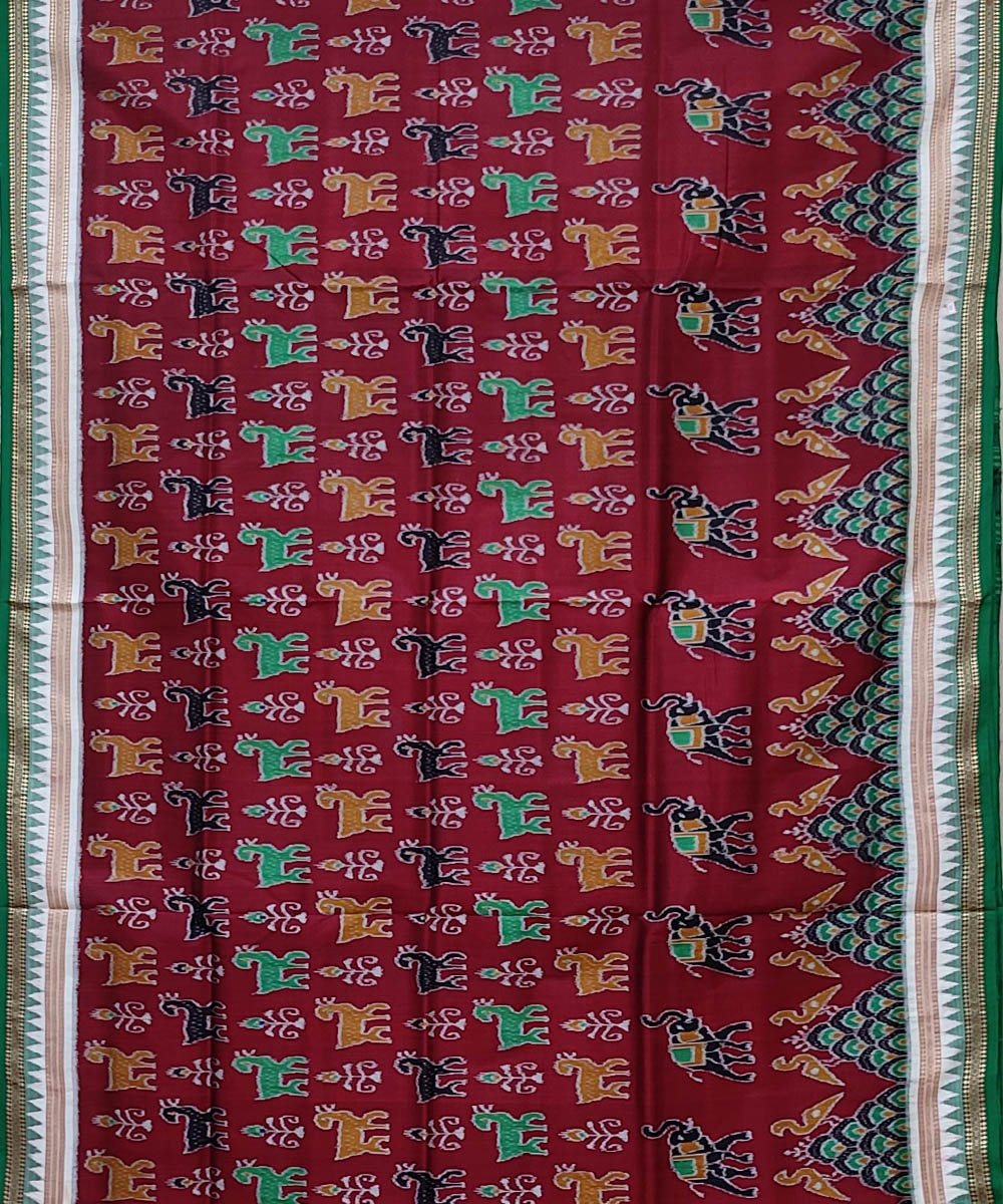 Maroon dark green handwoven khandua silk saree