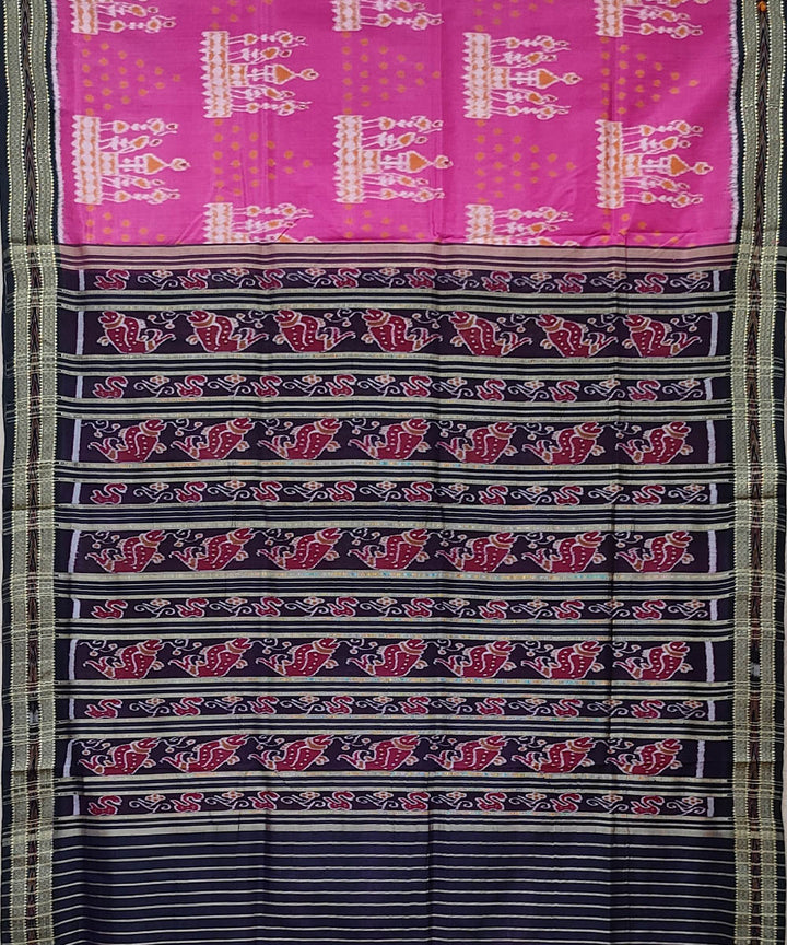 Pink black handwoven khandua silk saree
