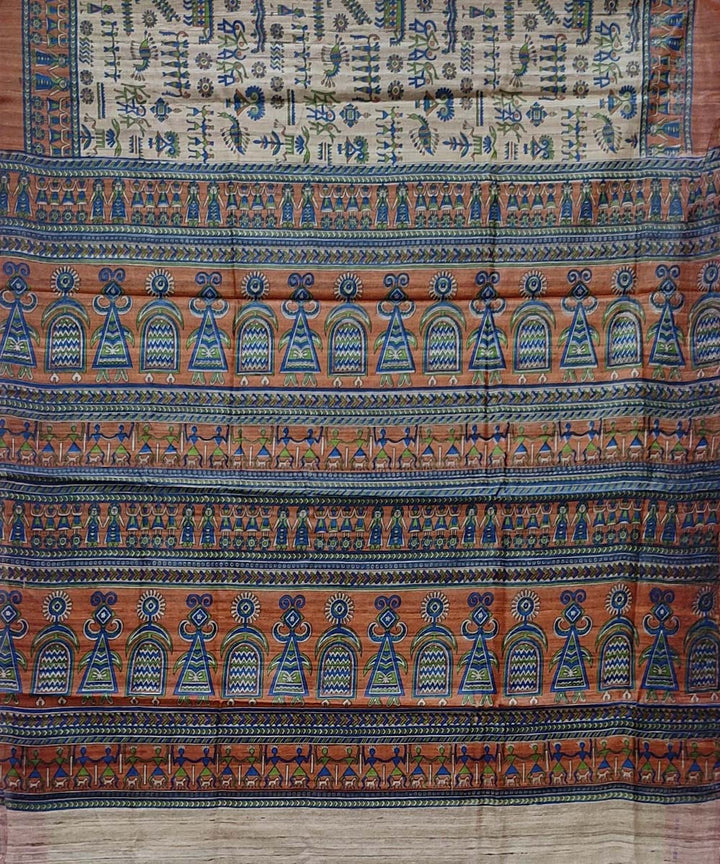Cream orange handwoven block print tussar silk saree