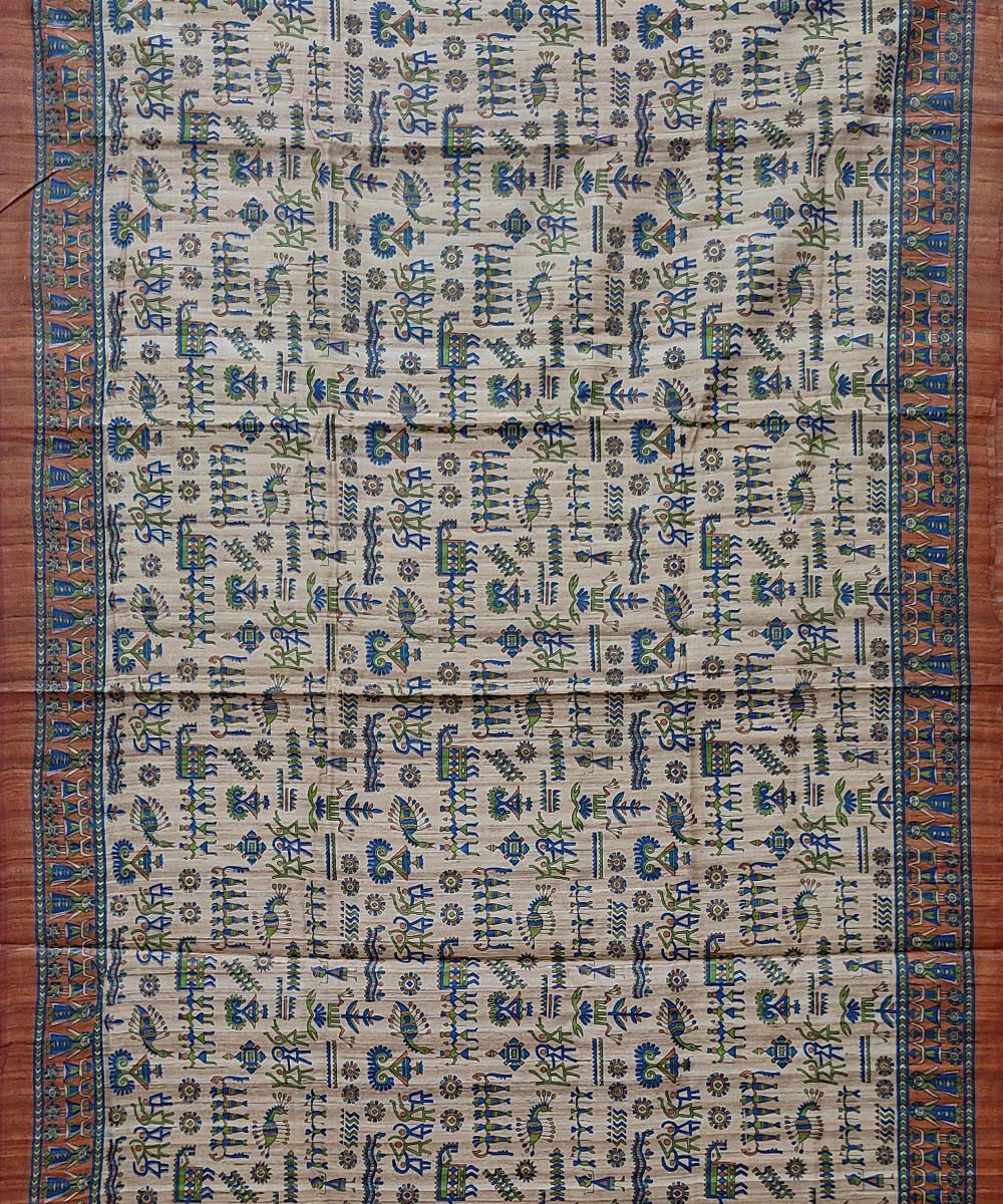 Cream orange handwoven block print tussar silk saree