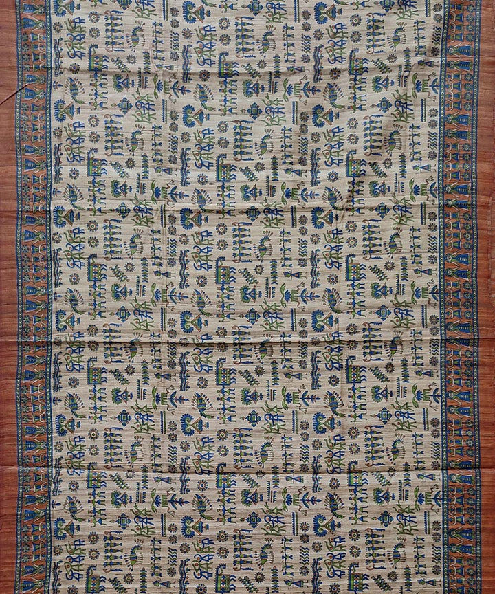 Cream orange handwoven block print tussar silk saree