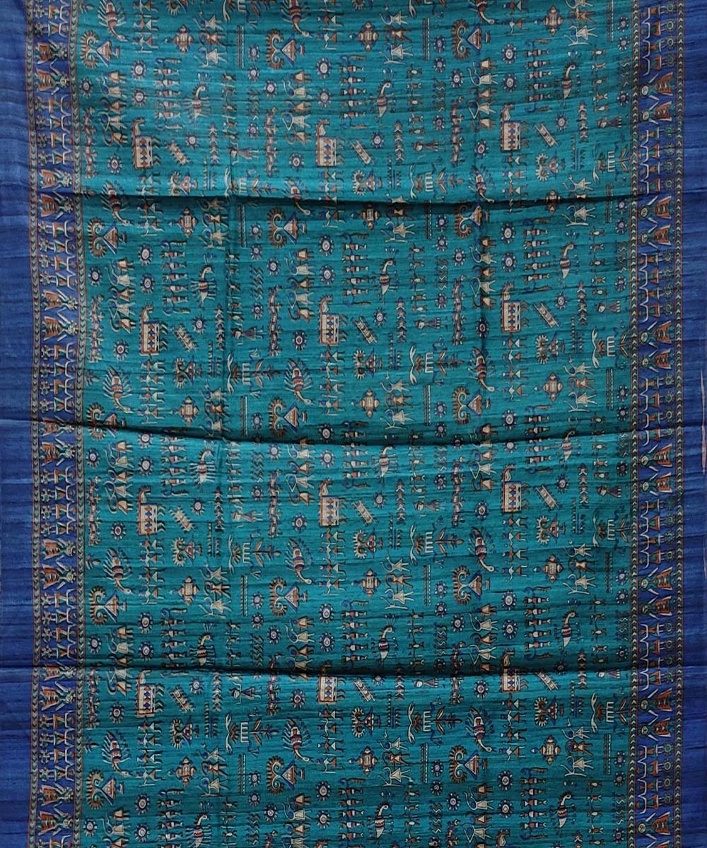 Navy blue cream handwoven block print tussar silk saree