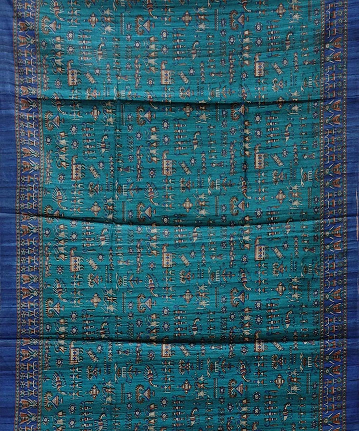 Navy blue cream handwoven block print tussar silk saree
