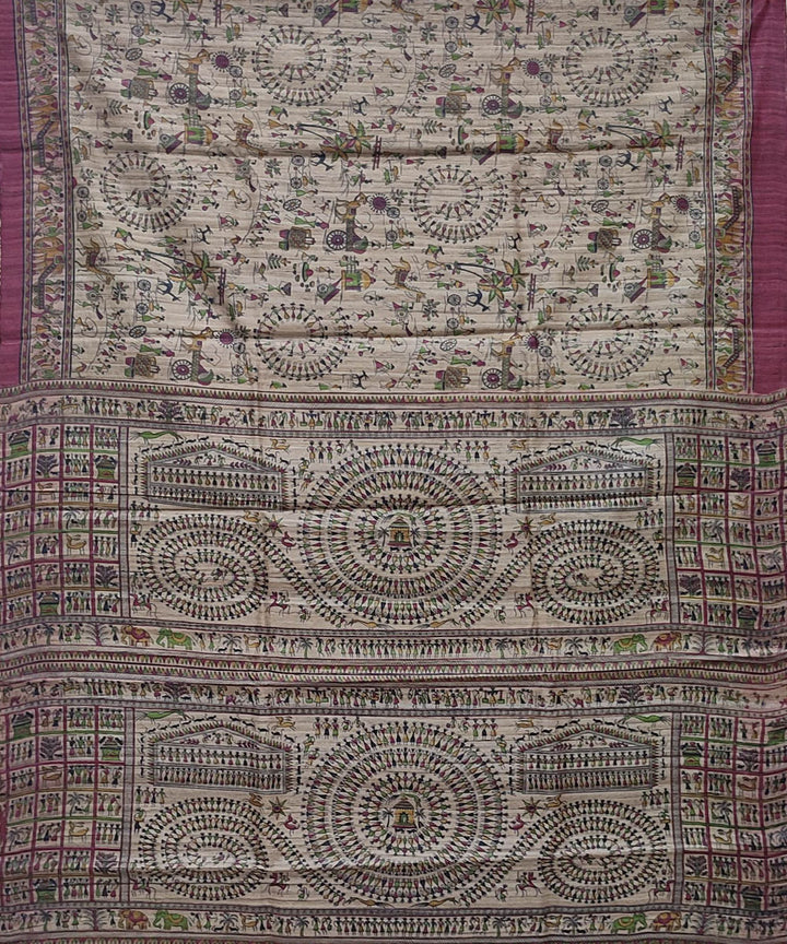 Cream handwoven block print tussar silk saree