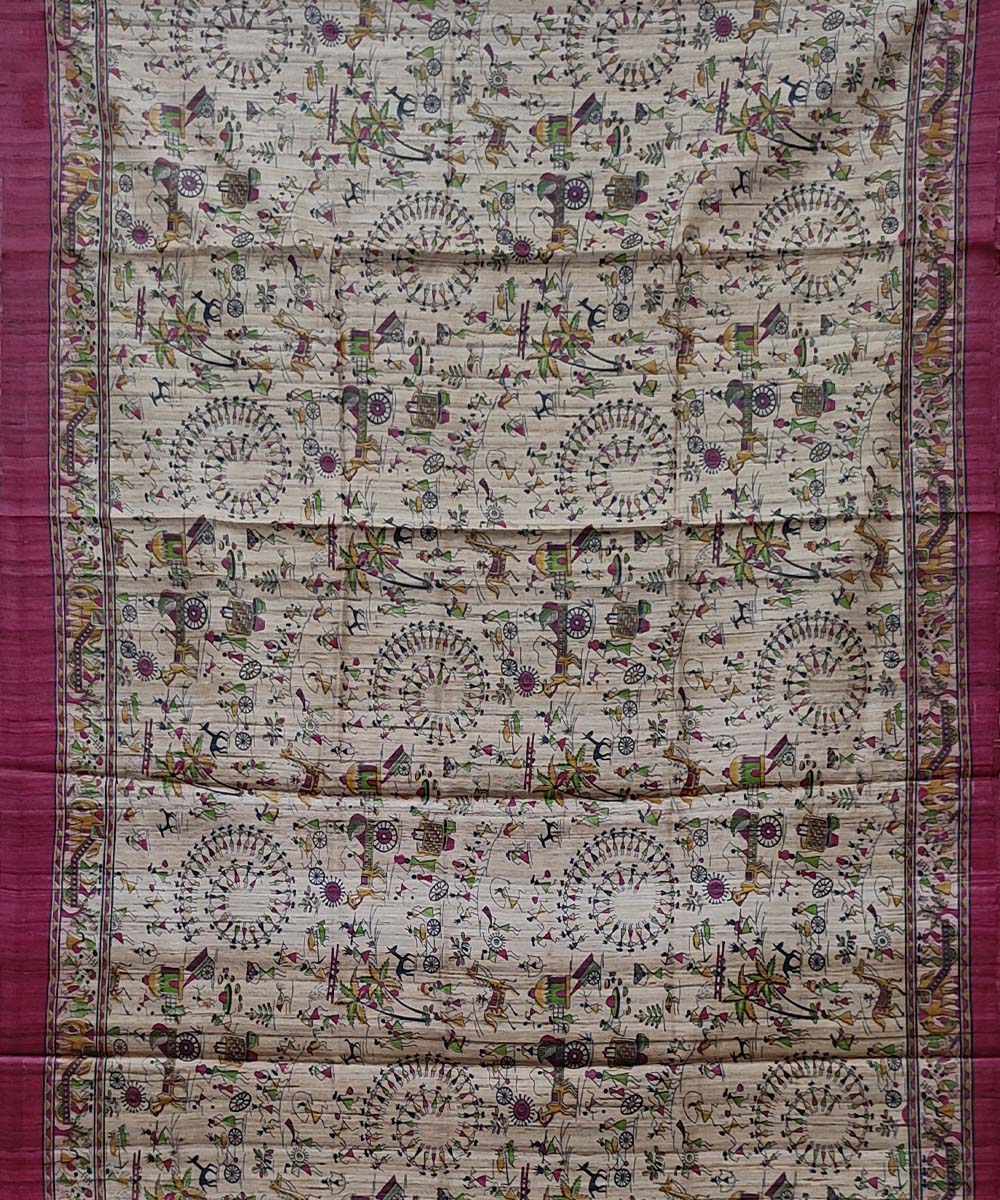 Cream handwoven block print tussar silk saree