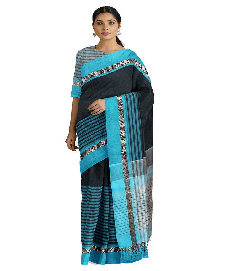 Tantuja black blue handloom tangail cotton sari