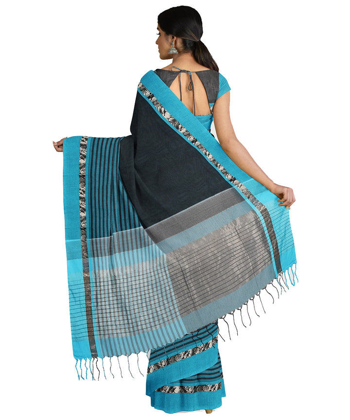 Tantuja black blue handloom tangail cotton sari