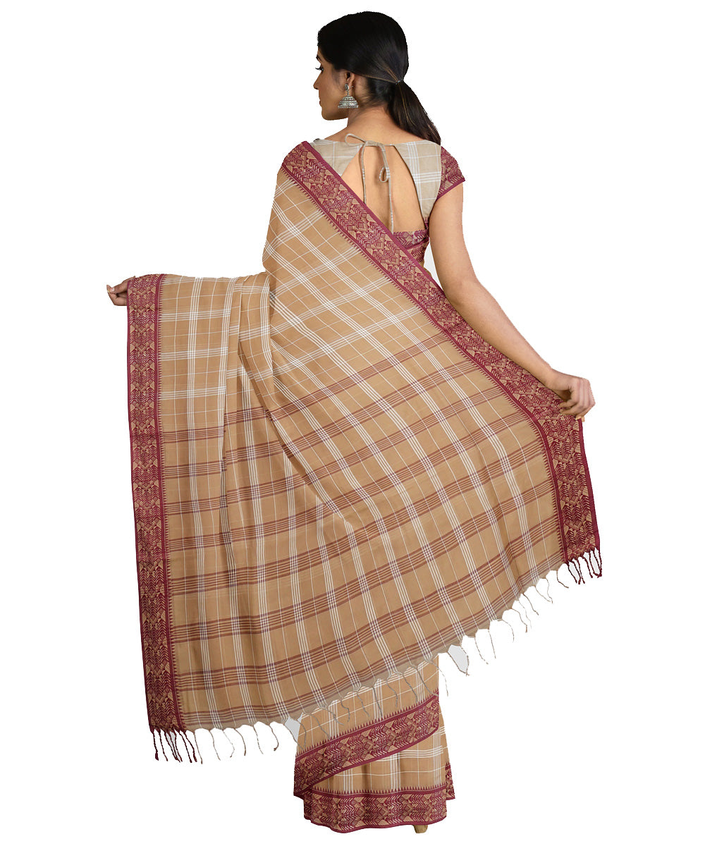 Tantuja brown maroon handwoven tangail cotton sari