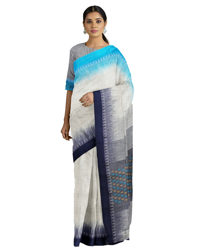 Tantuja white blue handwoven tangail cotton sari