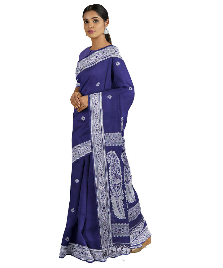 Tantuja navy blue white handwoven tangail cotton sari