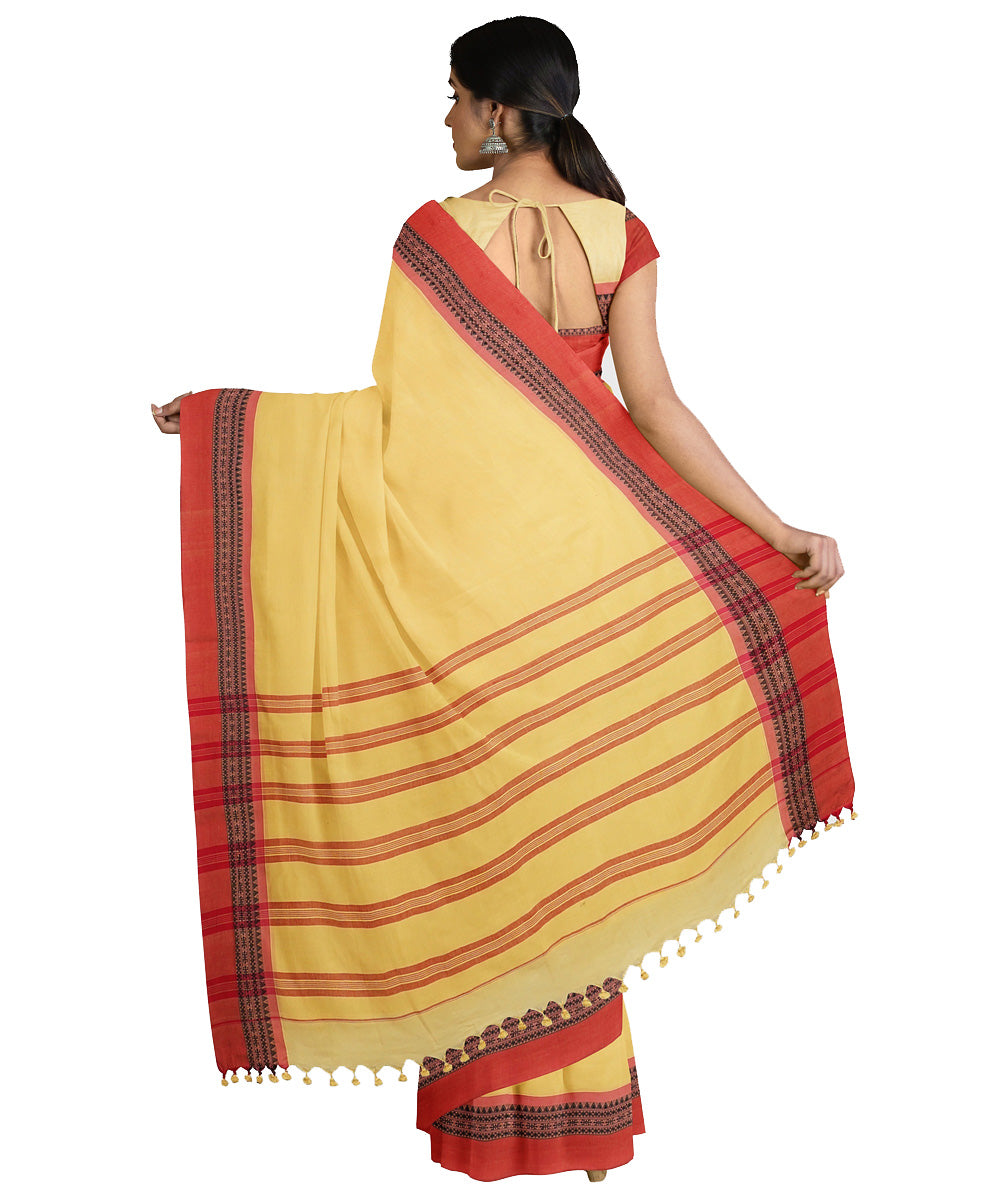 Tantuja yellow maroon handwoven tangail cotton sari