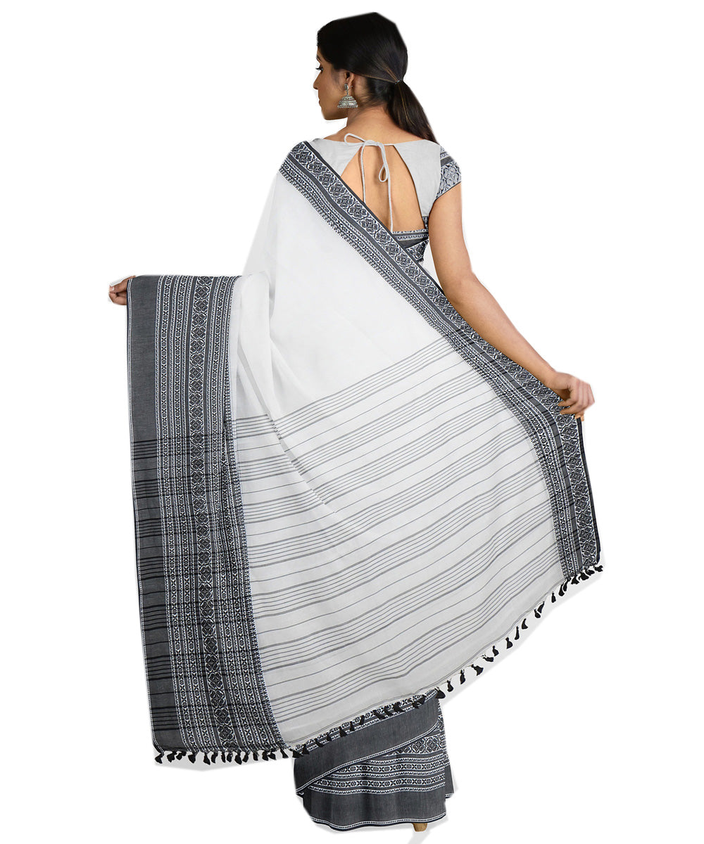 Tantuja white dark grey handwoven tangail cotton sari