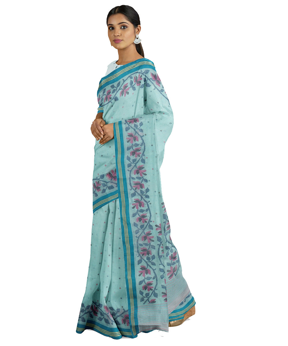 Tantuja cyan blue handwoven tangail cotton sari