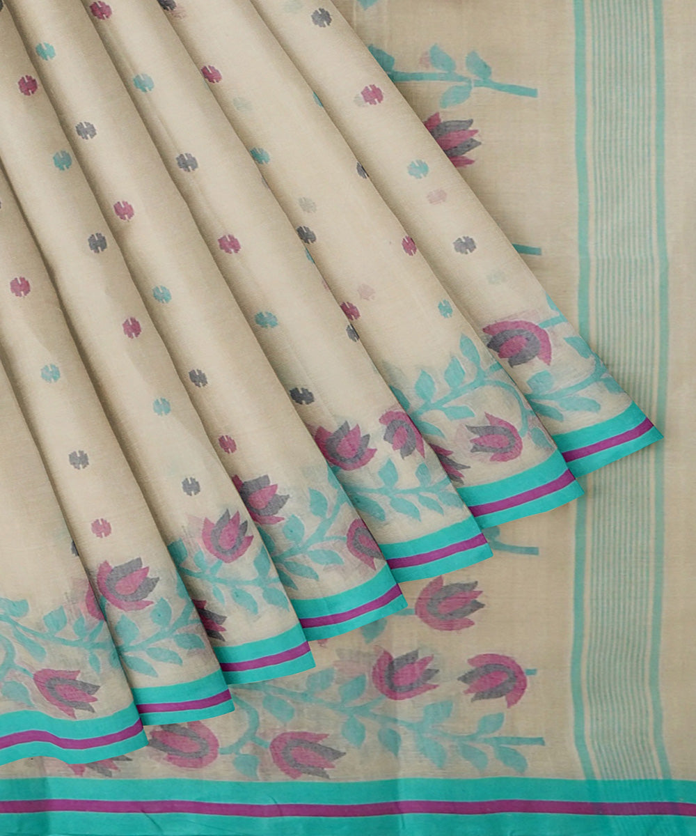 Tantuja beige blue handwoven tangail cotton sari