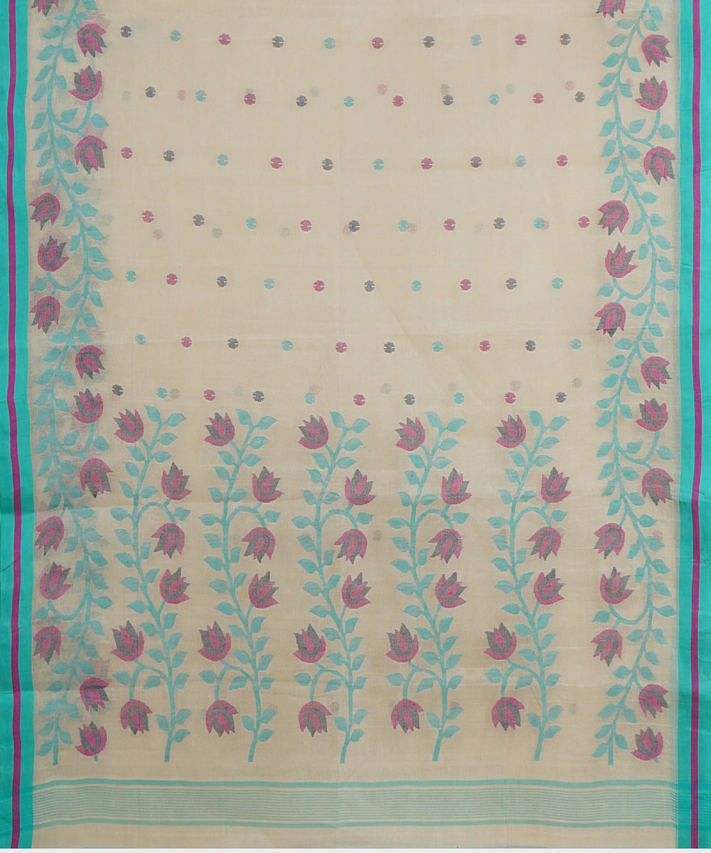 Tantuja beige blue handwoven tangail cotton sari