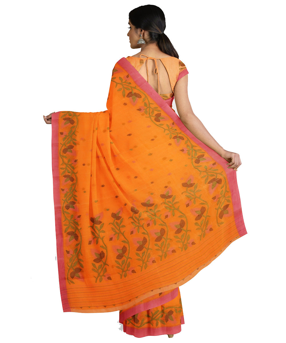 Tantuja orange handwoven tangail cotton sari