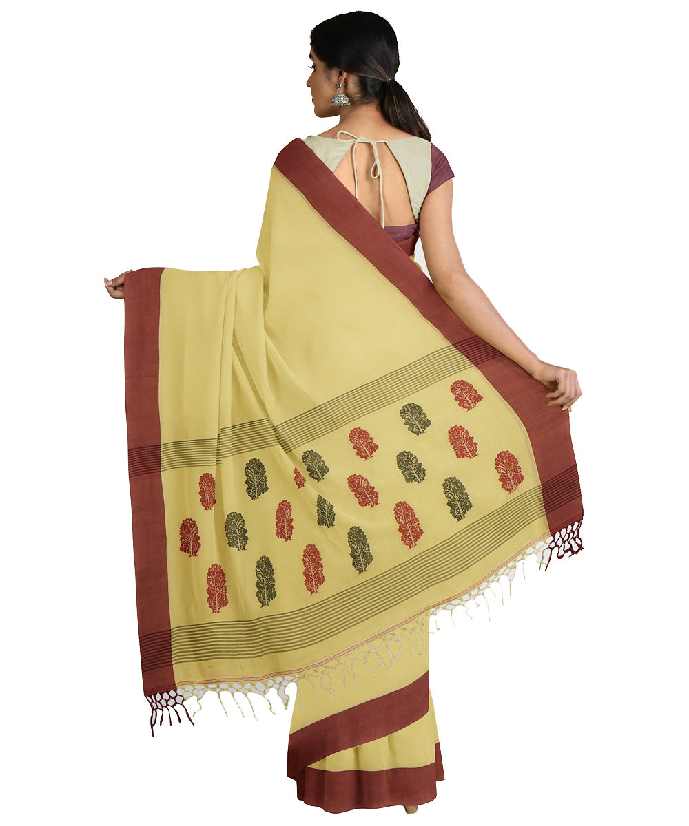 Tantuja light yellow maroon handwoven tangail cotton sari