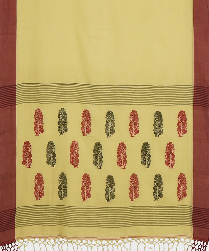 Tantuja light yellow maroon handwoven tangail cotton sari