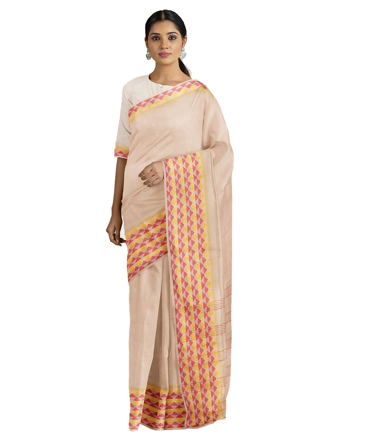 Tantuja beige orange handwoven tangail cotton sari